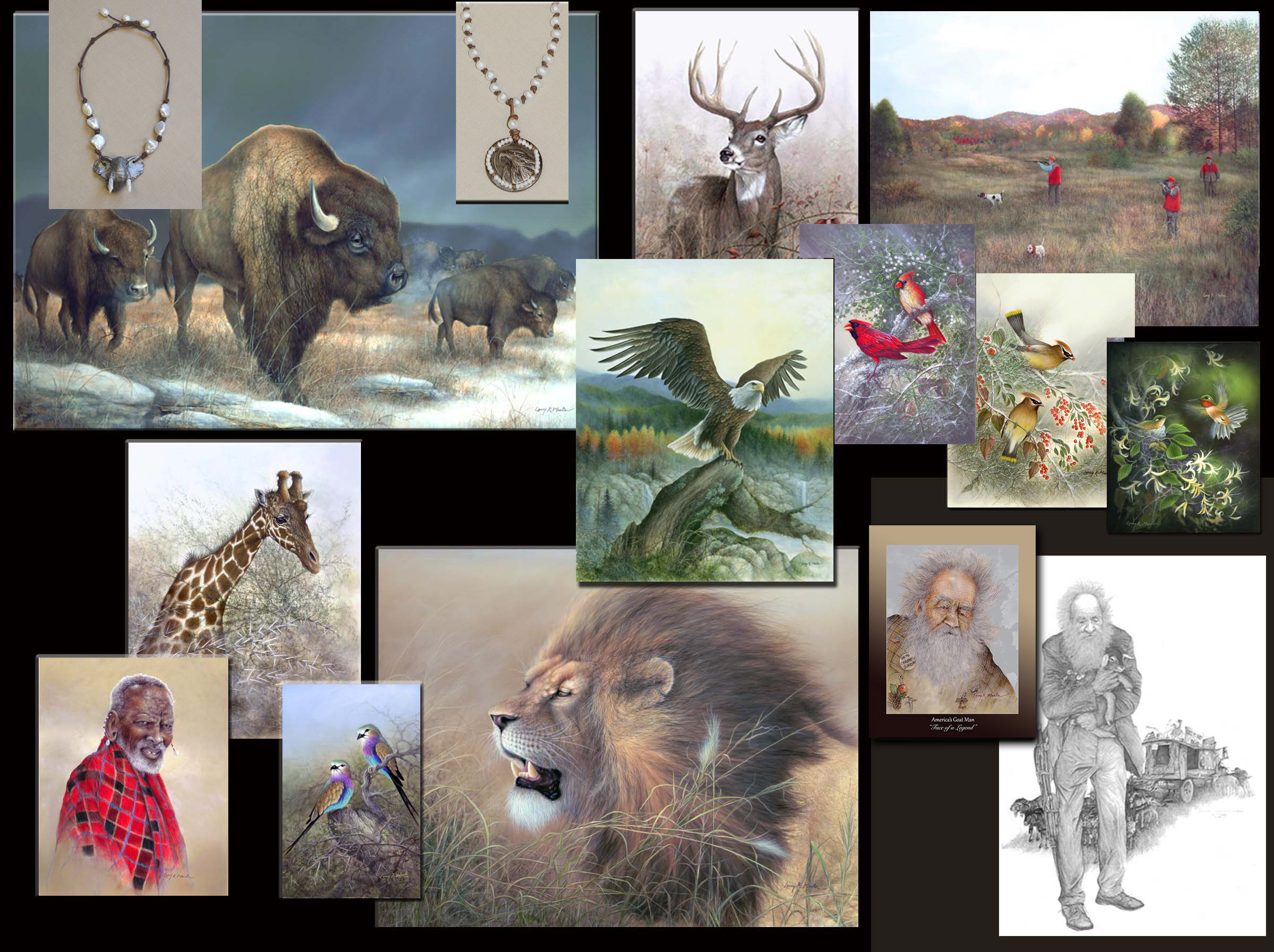 Larry K. Martin home page, eagles, deer, bison, songbirds,butterflies, african animals, goatman